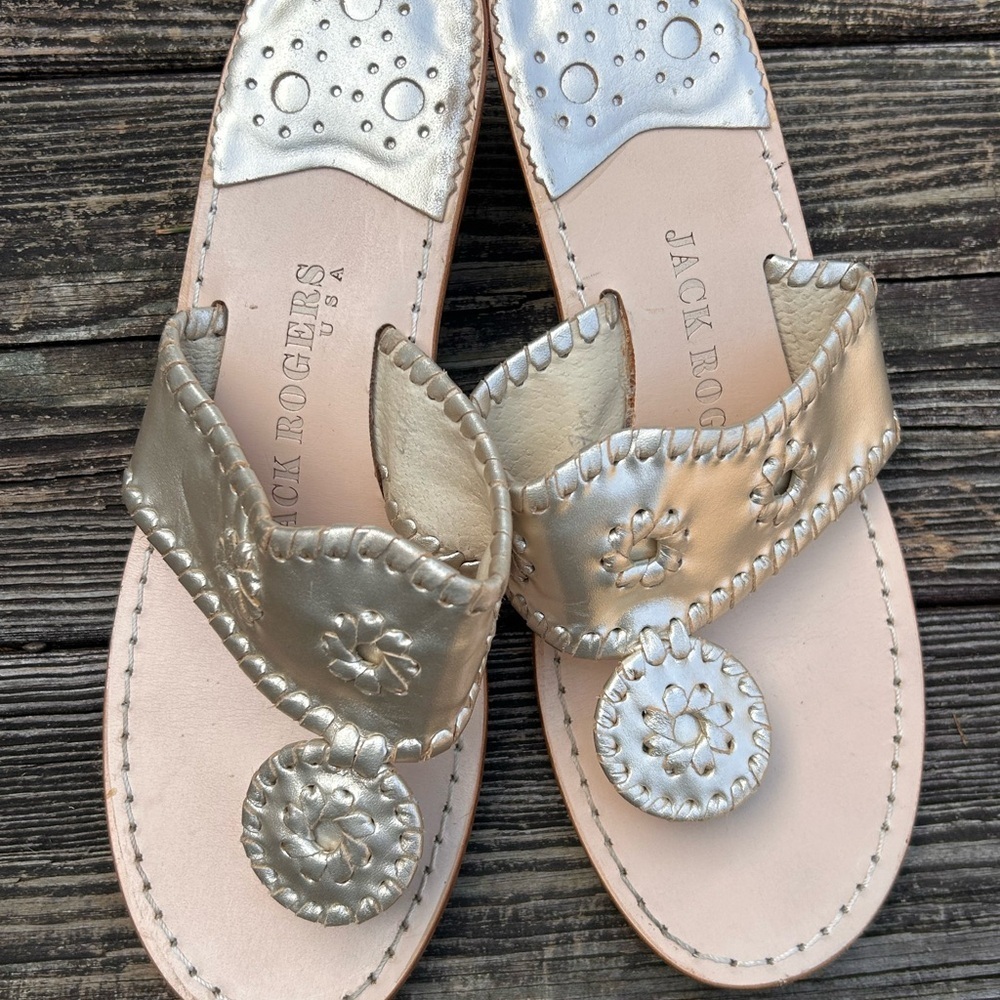 Jack Rogers Metallic gold Sandals Whipstitched Classic Thong Slides size 7 - Picture 4 of 6